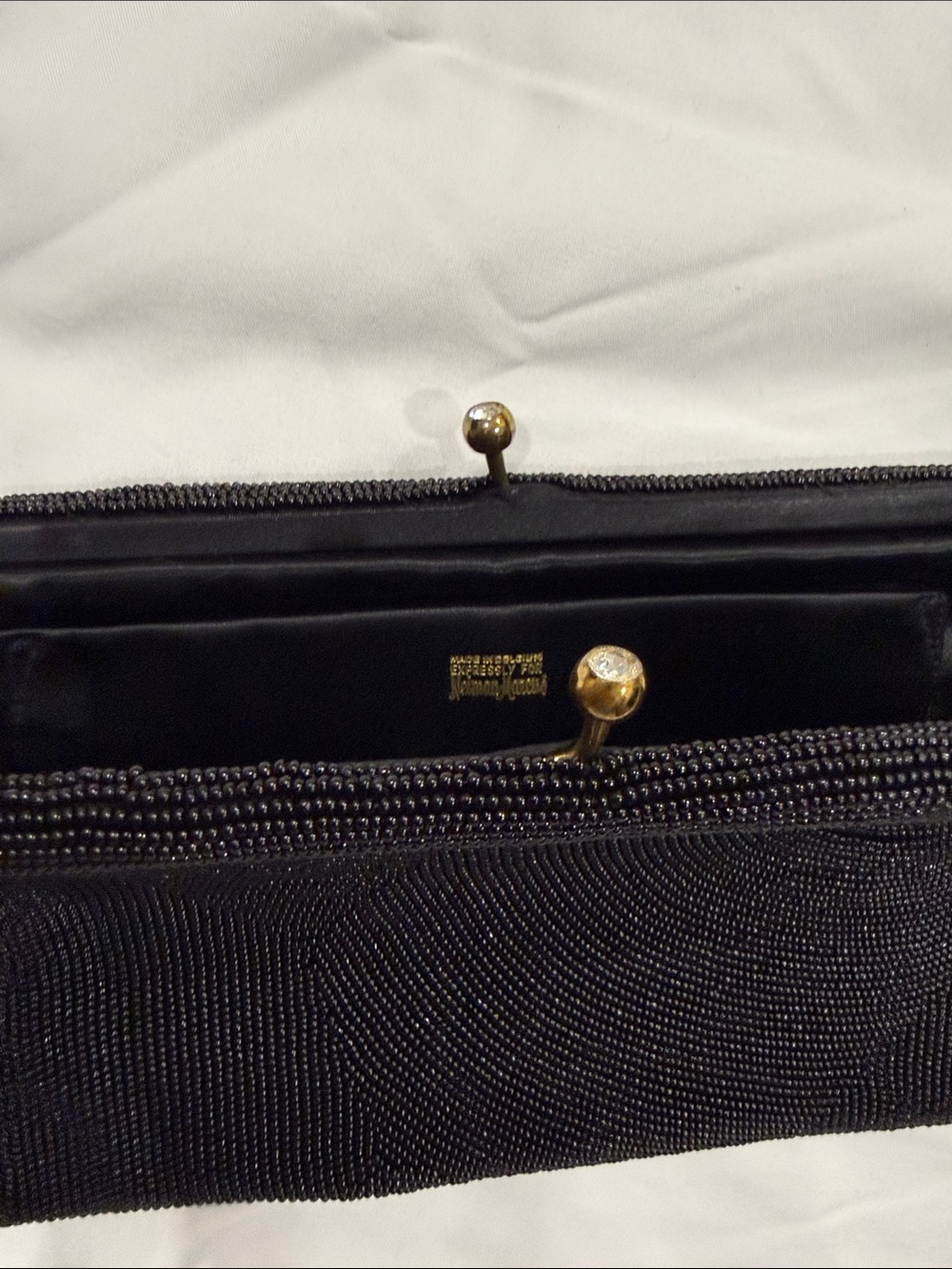 Neiman Marcus Black Beaded Clutch with Gold-Tone Kiss Lock